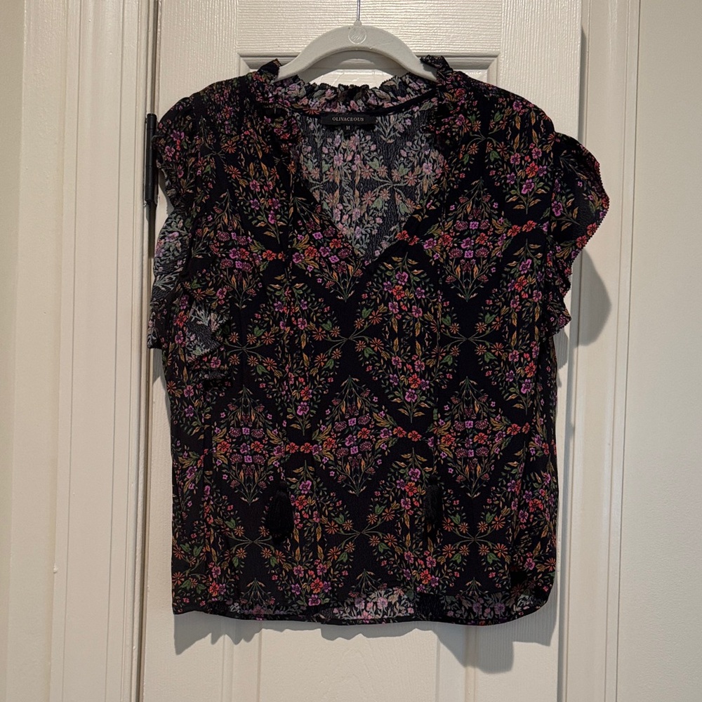 Olivaceous Black Floral Ruffle V-Neck Blouse